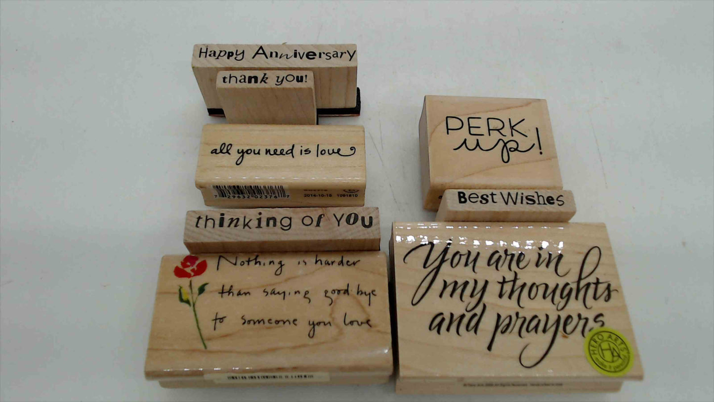 Lot of 8 Wood Mounted Rubber Stamps – Greeting & Sentiment Theme