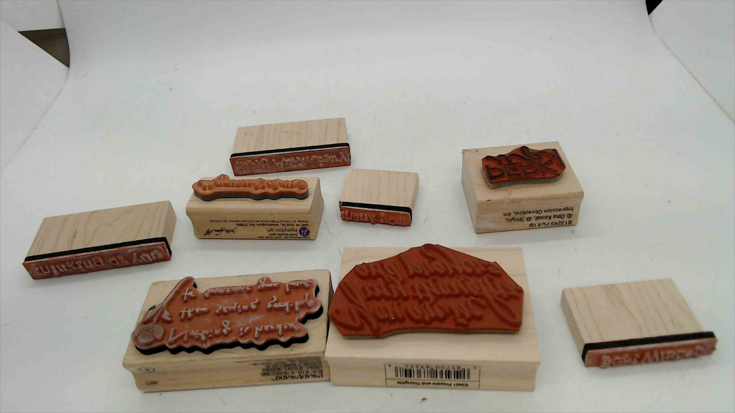 Lot of 8 Wood Mounted Rubber Stamps – Greeting & Sentiment Theme