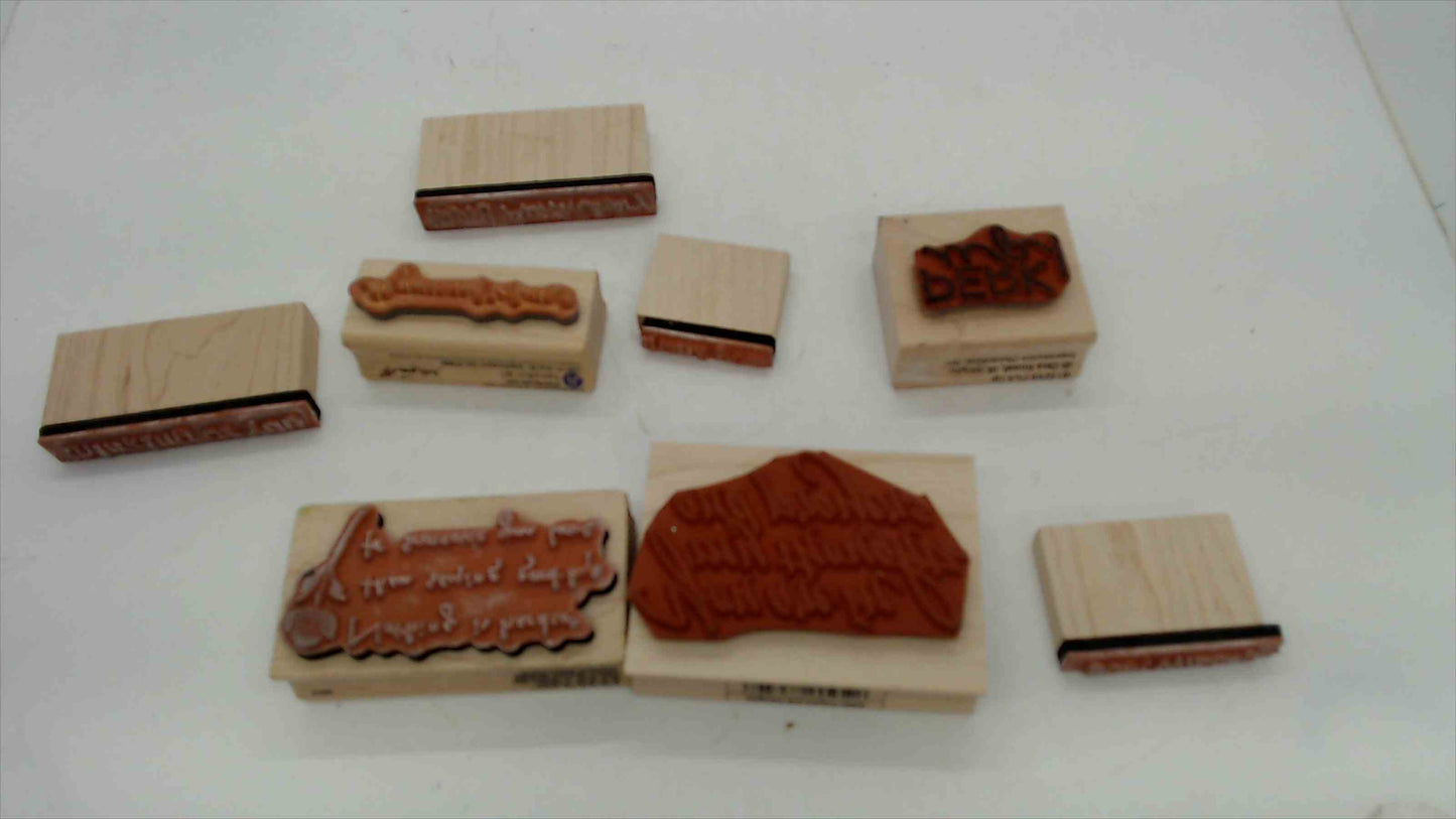 Lot of 8 Wood Mounted Rubber Stamps – Greeting & Sentiment Theme