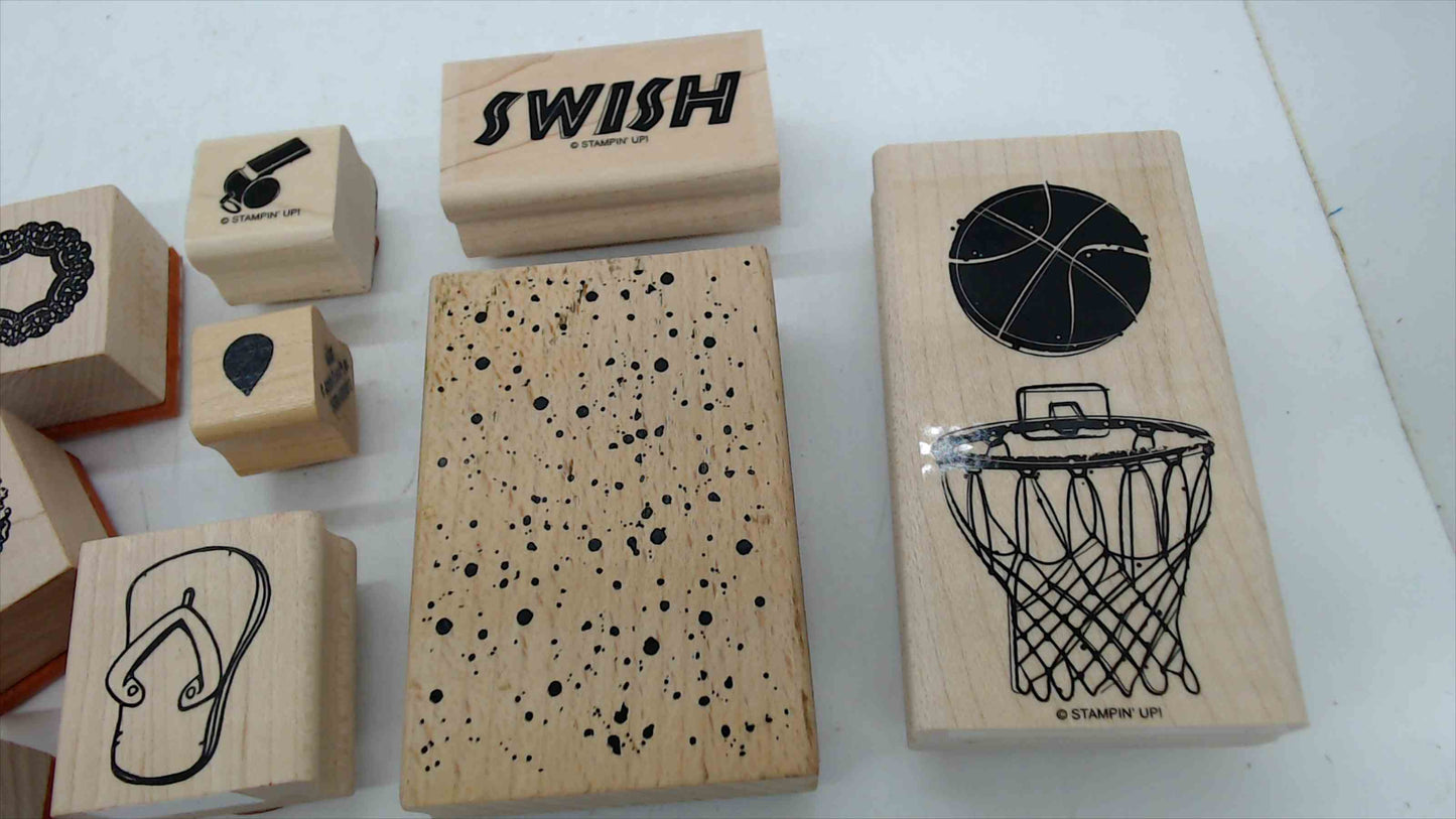 Lot of 9 Wood Mounted Rubber Stamps – Sports, Summer & Decorative Theme (Stampin' Up!)