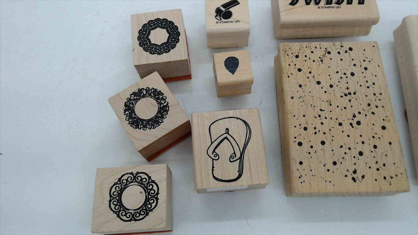Lot of 9 Wood Mounted Rubber Stamps – Sports, Summer & Decorative Theme (Stampin' Up!)