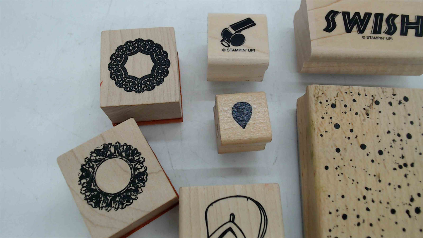 Lot of 9 Wood Mounted Rubber Stamps – Sports, Summer & Decorative Theme (Stampin' Up!)