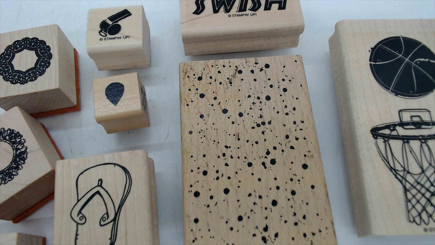 Lot of 9 Wood Mounted Rubber Stamps – Sports, Summer & Decorative Theme (Stampin' Up!)