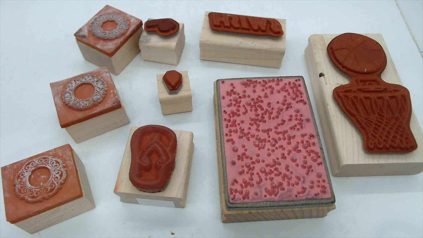 Lot of 9 Wood Mounted Rubber Stamps – Sports, Summer & Decorative Theme (Stampin' Up!)