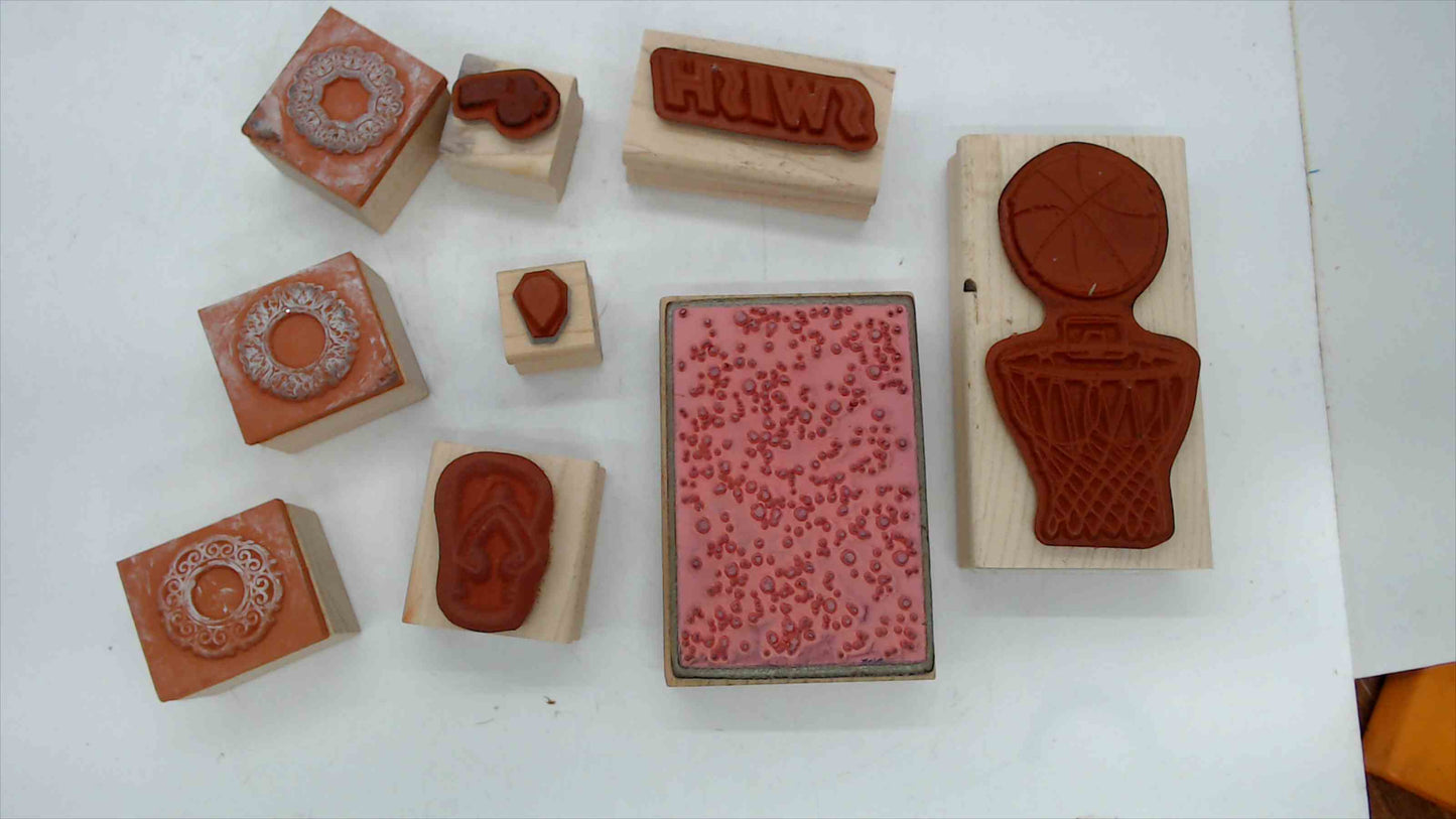 Lot of 9 Wood Mounted Rubber Stamps – Sports, Summer & Decorative Theme (Stampin' Up!)
