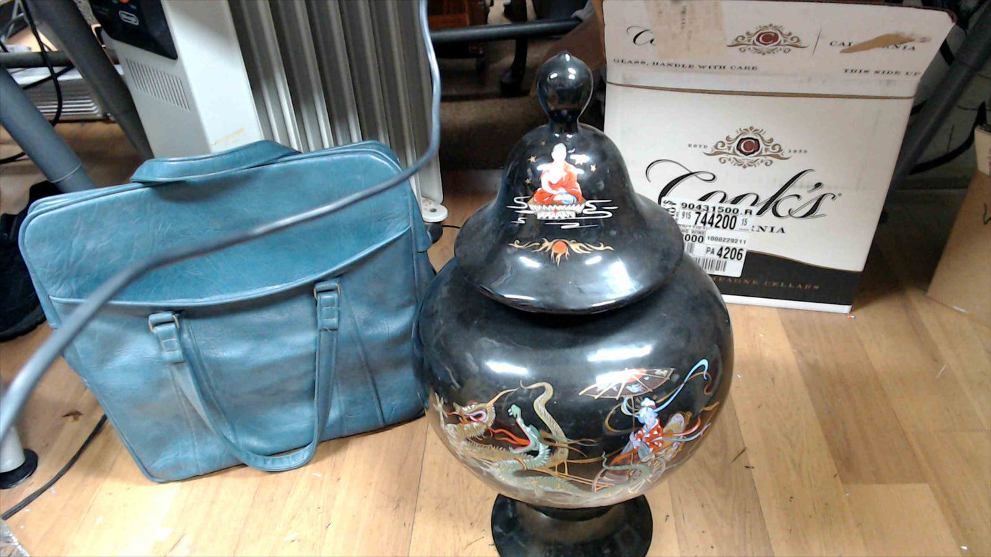 Large Vintage Asian Black Lacquer Lidded Urn Vase – Hand-Painted Dragon, Geisha & Buddha – 21" Tall