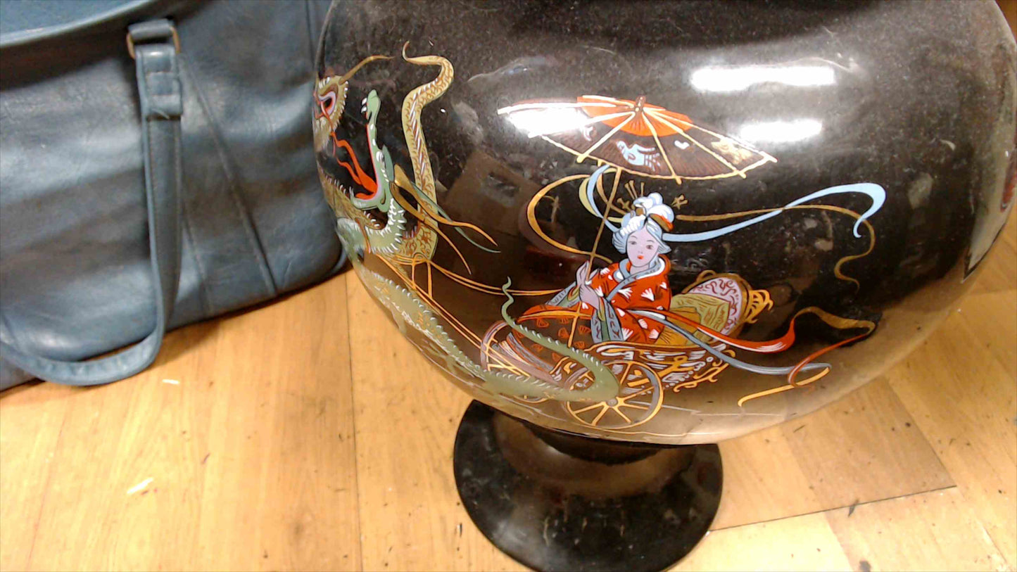 Large Vintage Asian Black Lacquer Lidded Urn Vase – Hand-Painted Dragon, Geisha & Buddha – 21" Tall