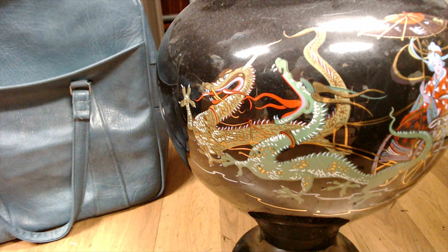 Large Vintage Asian Black Lacquer Lidded Urn Vase – Hand-Painted Dragon, Geisha & Buddha – 21" Tall