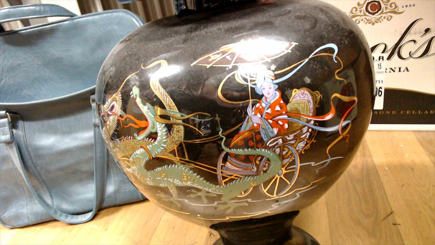 Large Vintage Asian Black Lacquer Lidded Urn Vase – Hand-Painted Dragon, Geisha & Buddha – 21" Tall