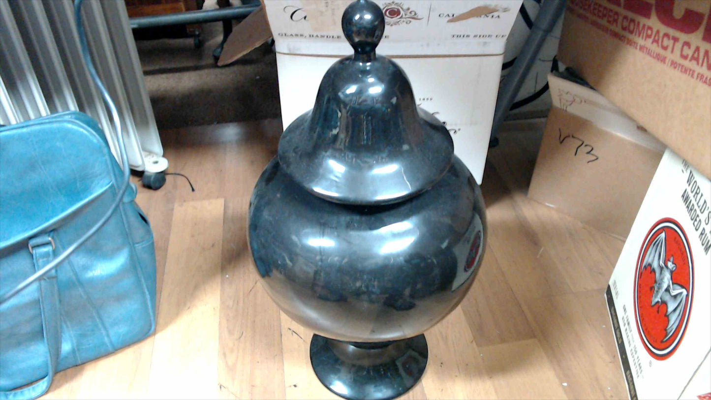 Large Vintage Asian Black Lacquer Lidded Urn Vase – Hand-Painted Dragon, Geisha & Buddha – 21" Tall