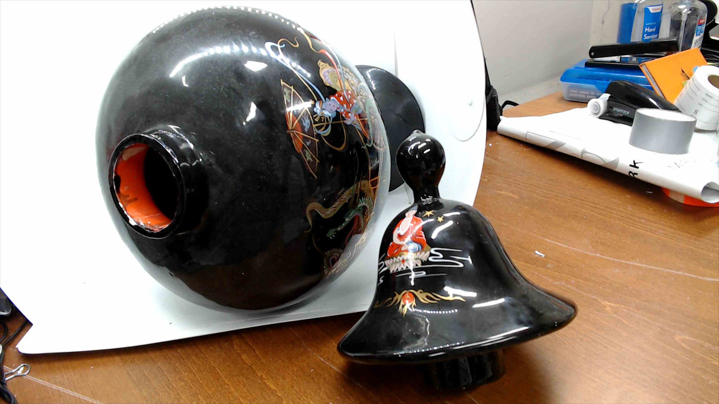 Large Vintage Asian Black Lacquer Lidded Urn Vase – Hand-Painted Dragon, Geisha & Buddha – 21" Tall