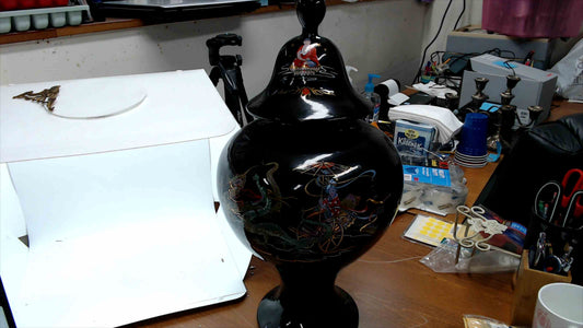 Large Vintage Asian Black Lacquer Lidded Urn Vase – Hand-Painted Dragon, Geisha & Buddha – 21" Tall