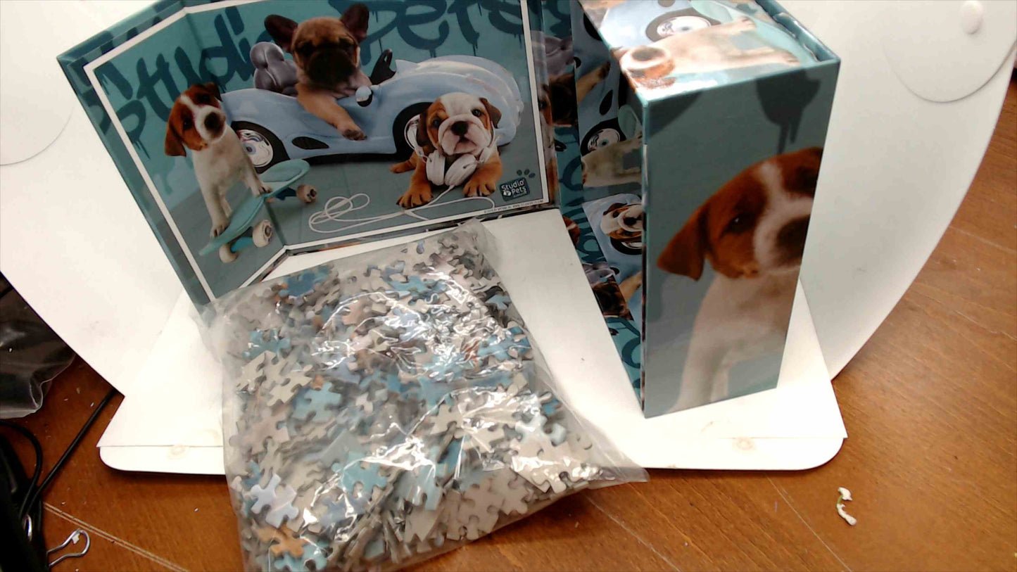 Studio Pets by Myrna Jigsaw Puzzle – Puppies & Cool Car Scene – Pieces Sealed in Bag