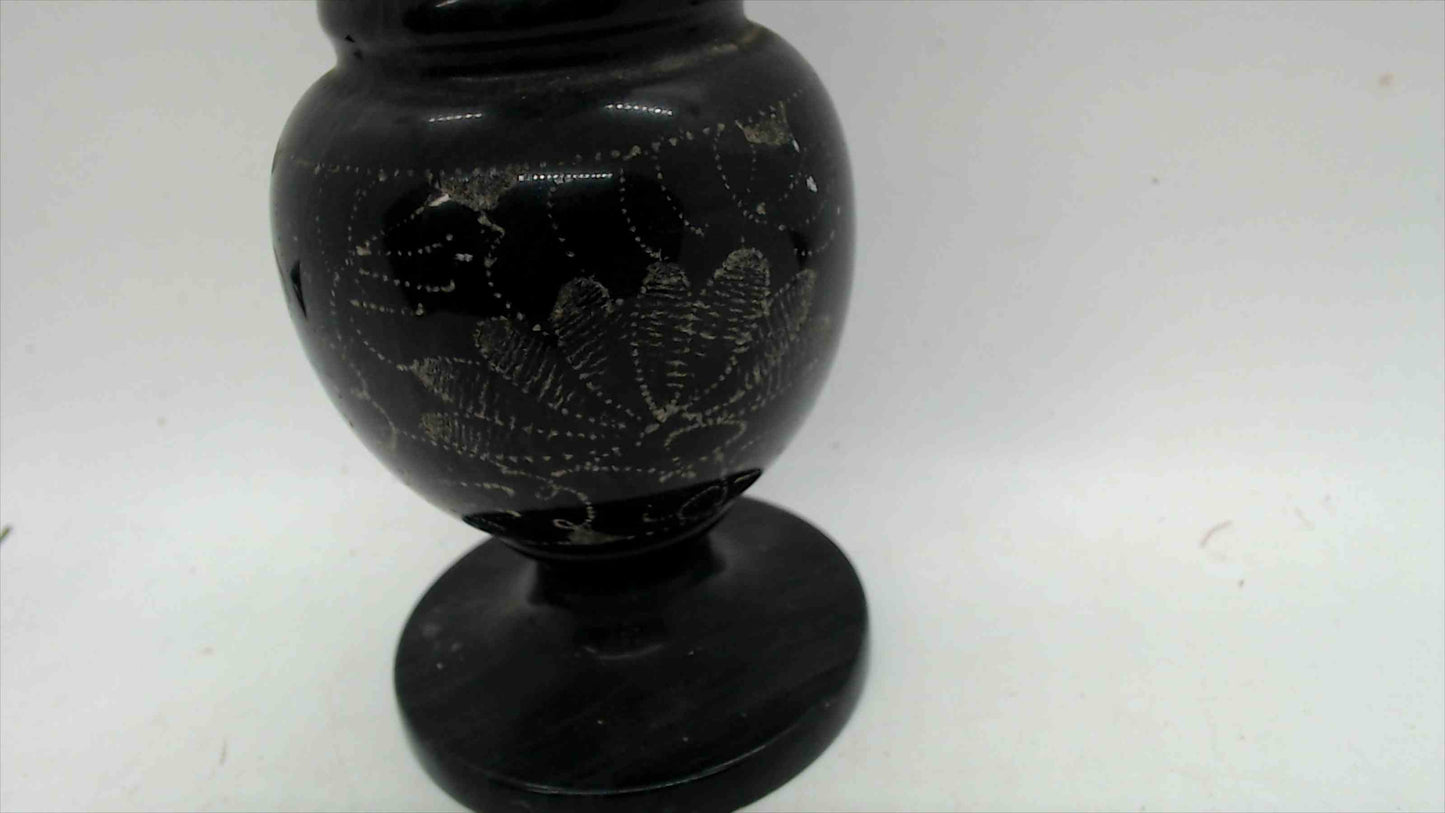 Natural Black Marble Vase – Hand-Etched Floral & Bird Design – 7.75" Tall – 2 lbs – Original Tag