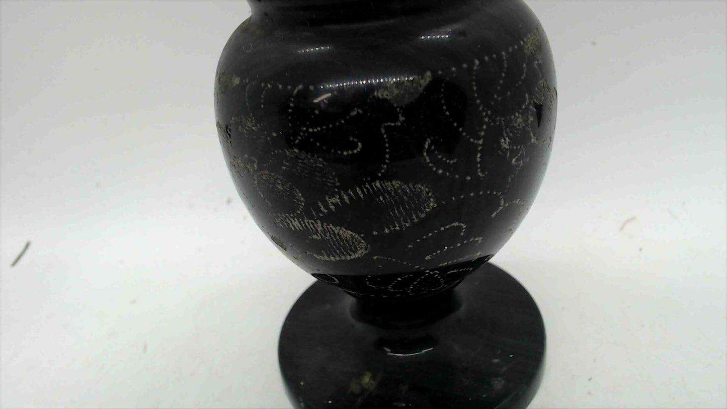 Natural Black Marble Vase – Hand-Etched Floral & Bird Design – 7.75" Tall – 2 lbs – Original Tag