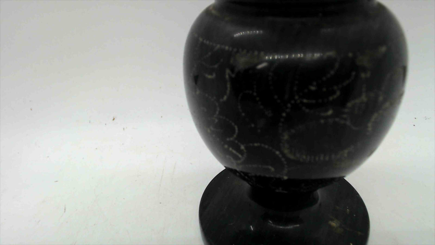 Natural Black Marble Vase – Hand-Etched Floral & Bird Design – 7.75" Tall – 2 lbs – Original Tag