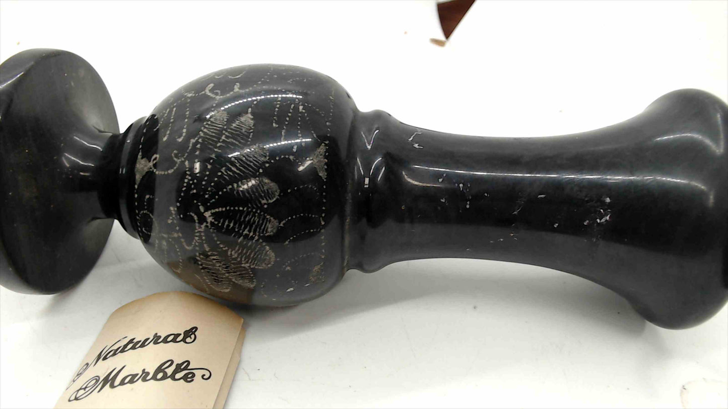 Natural Black Marble Vase – Hand-Etched Floral & Bird Design – 7.75" Tall – 2 lbs – Original Tag