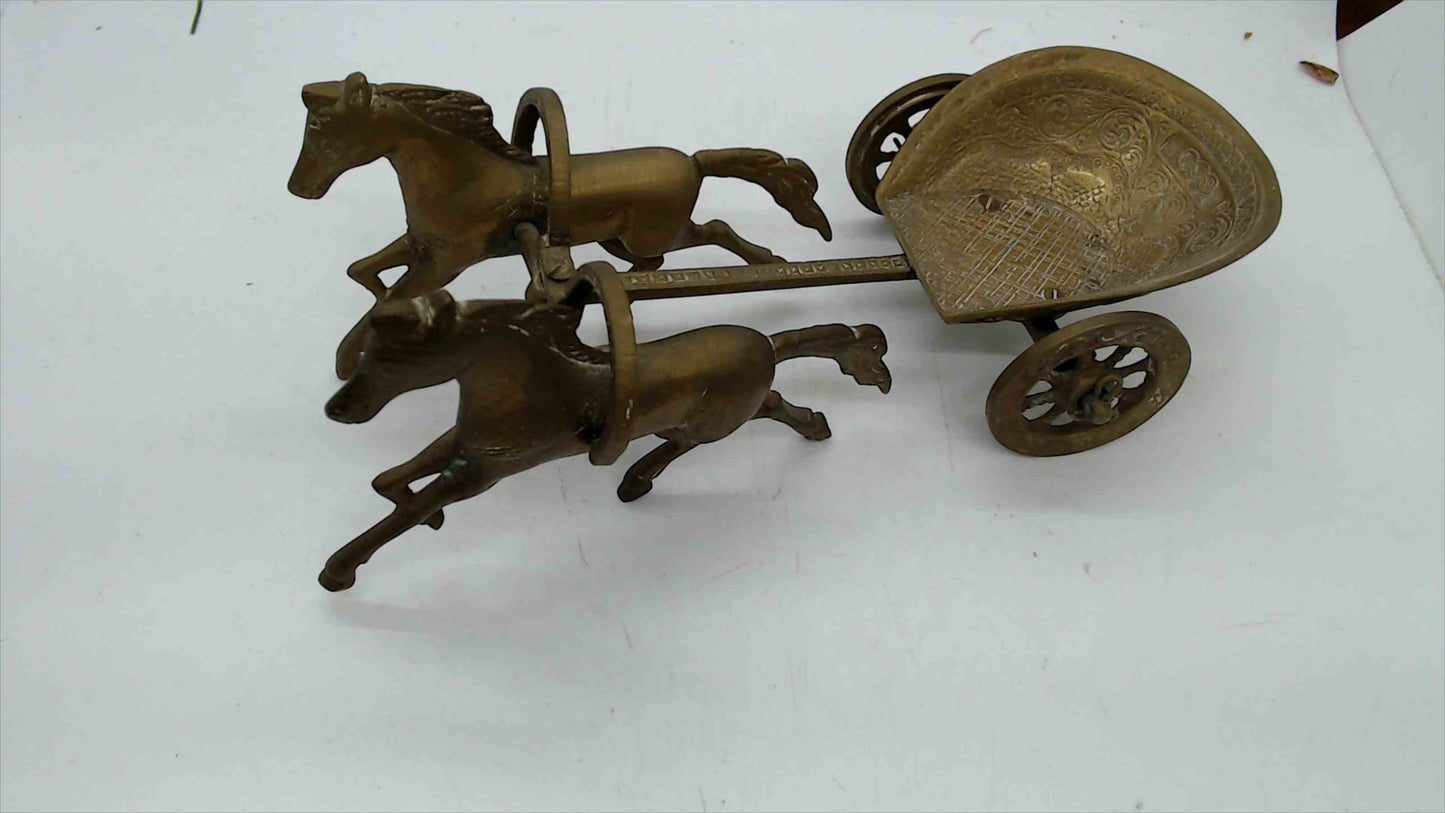 Vintage Brass Roman Chariot Sculpture – Two Horse-Drawn War Chariot – 8.5" Long – 1.5 lbs – Hand-Engraved Indian Artisan