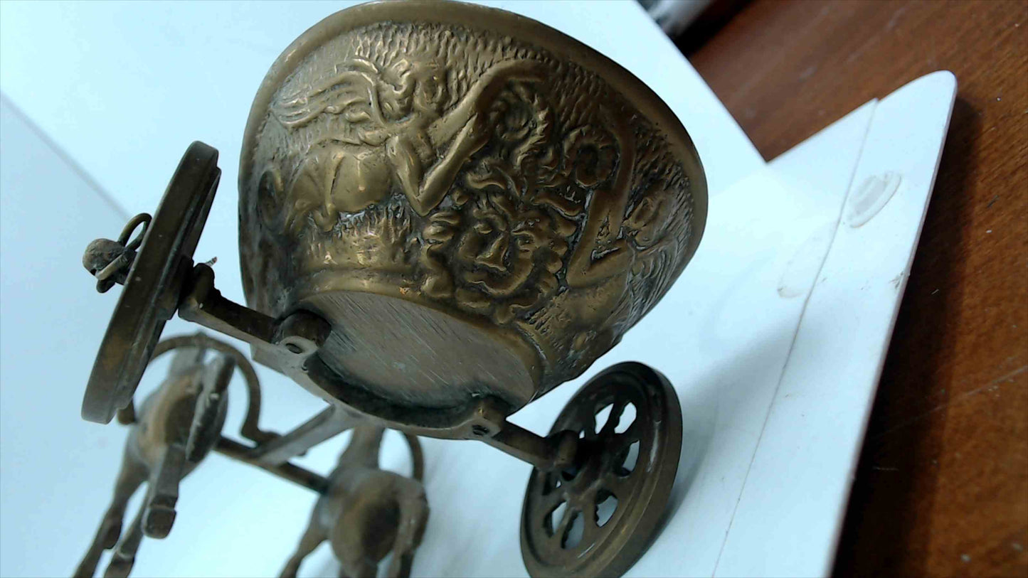 Vintage Brass Roman Chariot Sculpture – Two Horse-Drawn War Chariot – 8.5" Long – 1.5 lbs – Hand-Engraved Indian Artisan