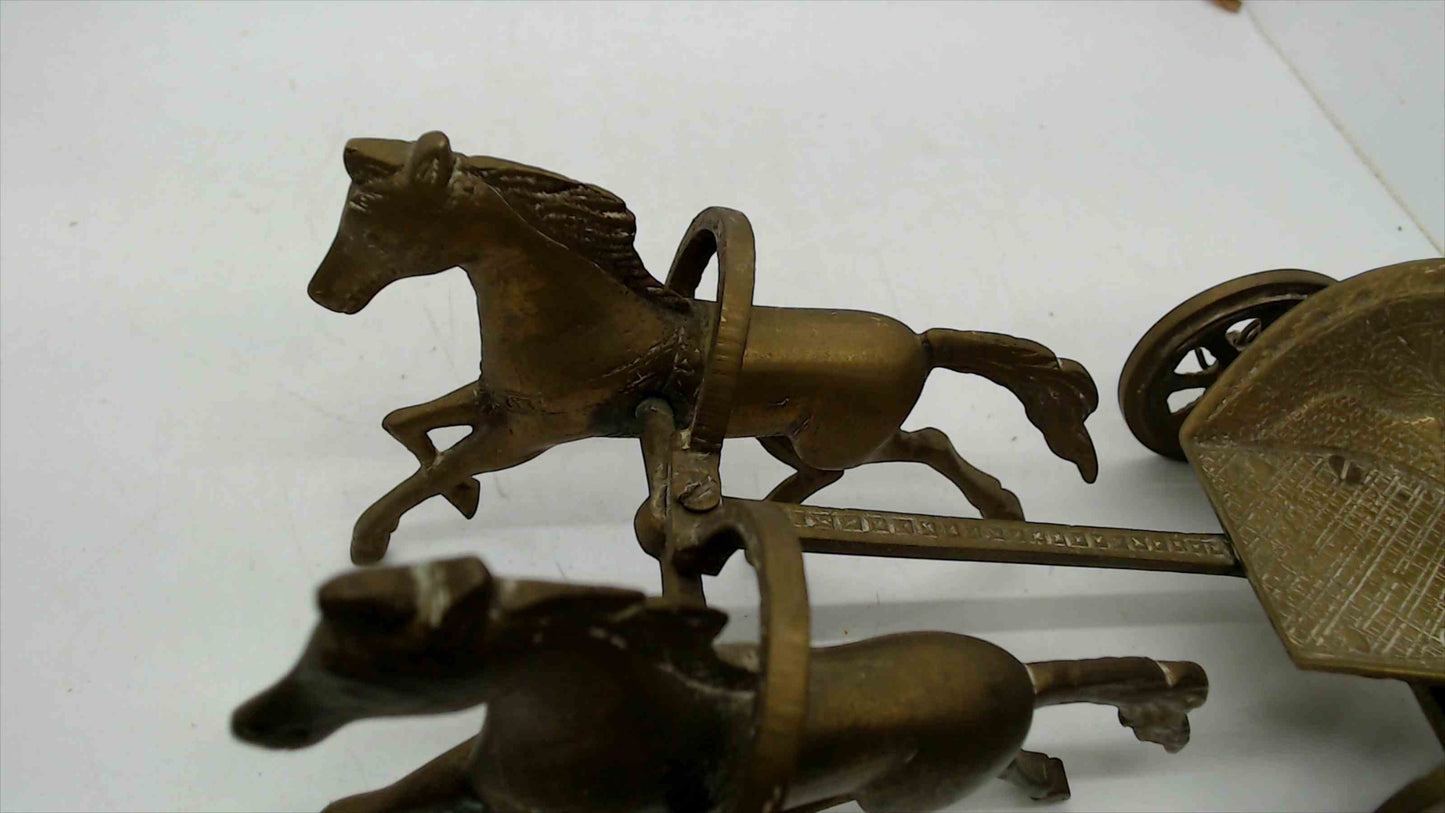 Vintage Brass Roman Chariot Sculpture – Two Horse-Drawn War Chariot – 8.5" Long – 1.5 lbs – Hand-Engraved Indian Artisan