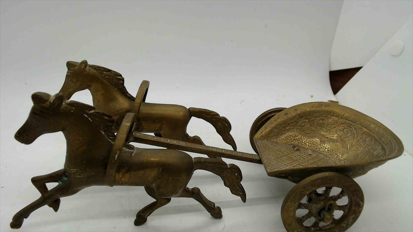 Vintage Brass Roman Chariot Sculpture – Two Horse-Drawn War Chariot – 8.5" Long – 1.5 lbs – Hand-Engraved Indian Artisan