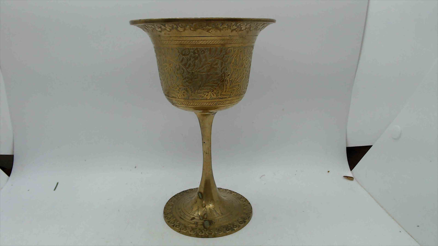 Vintage Hand-Engraved Brass Goblet / Chalice – Figural & Floral Scene – 7" Tall – Indian Artisan
