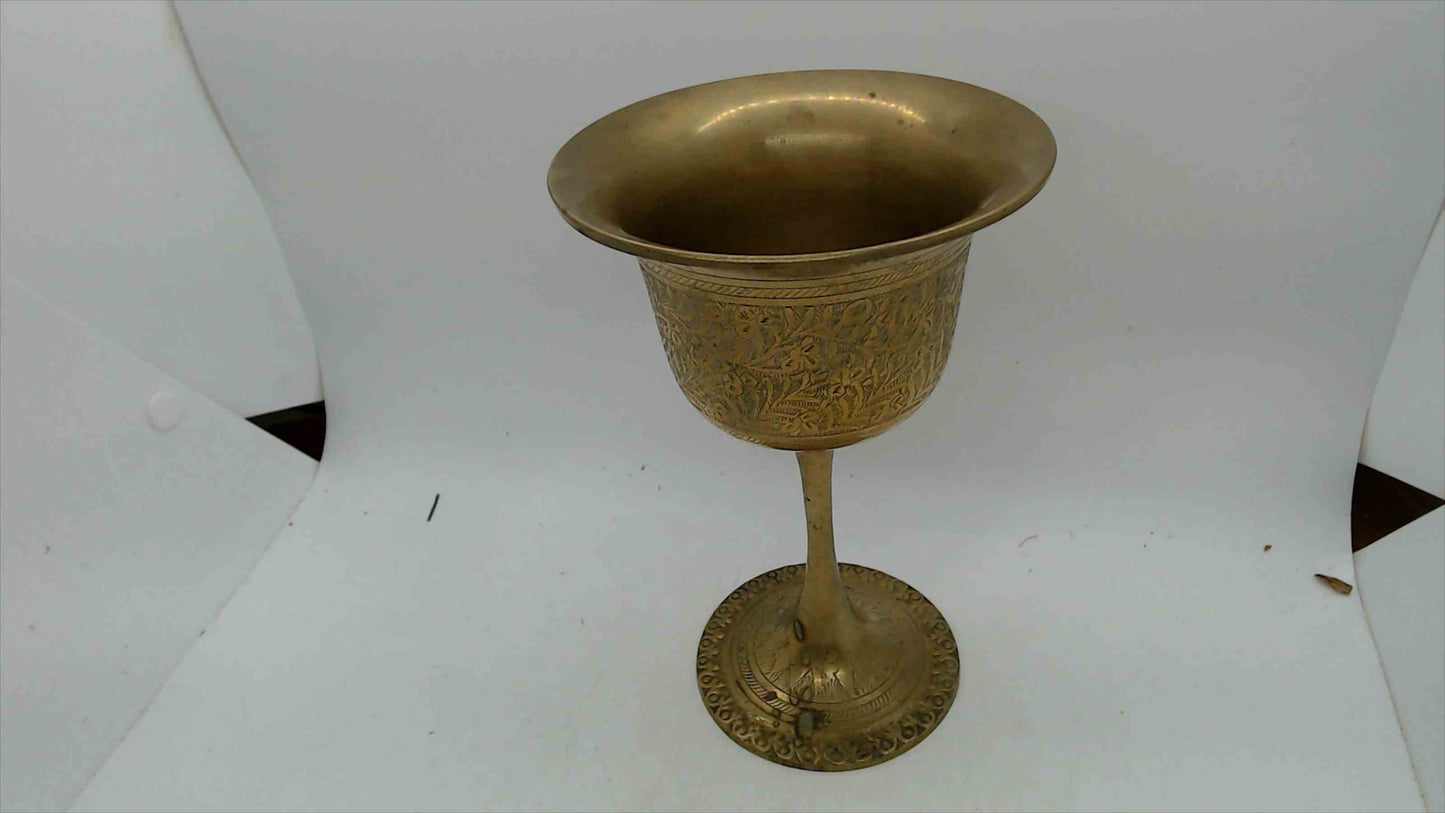Vintage Hand-Engraved Brass Goblet / Chalice – Figural & Floral Scene – 7" Tall – Indian Artisan