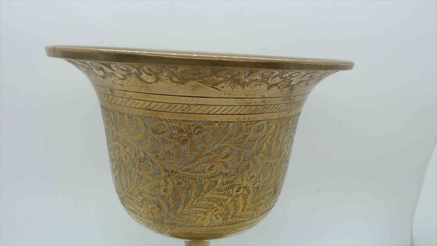 Vintage Hand-Engraved Brass Goblet / Chalice – Figural & Floral Scene – 7" Tall – Indian Artisan