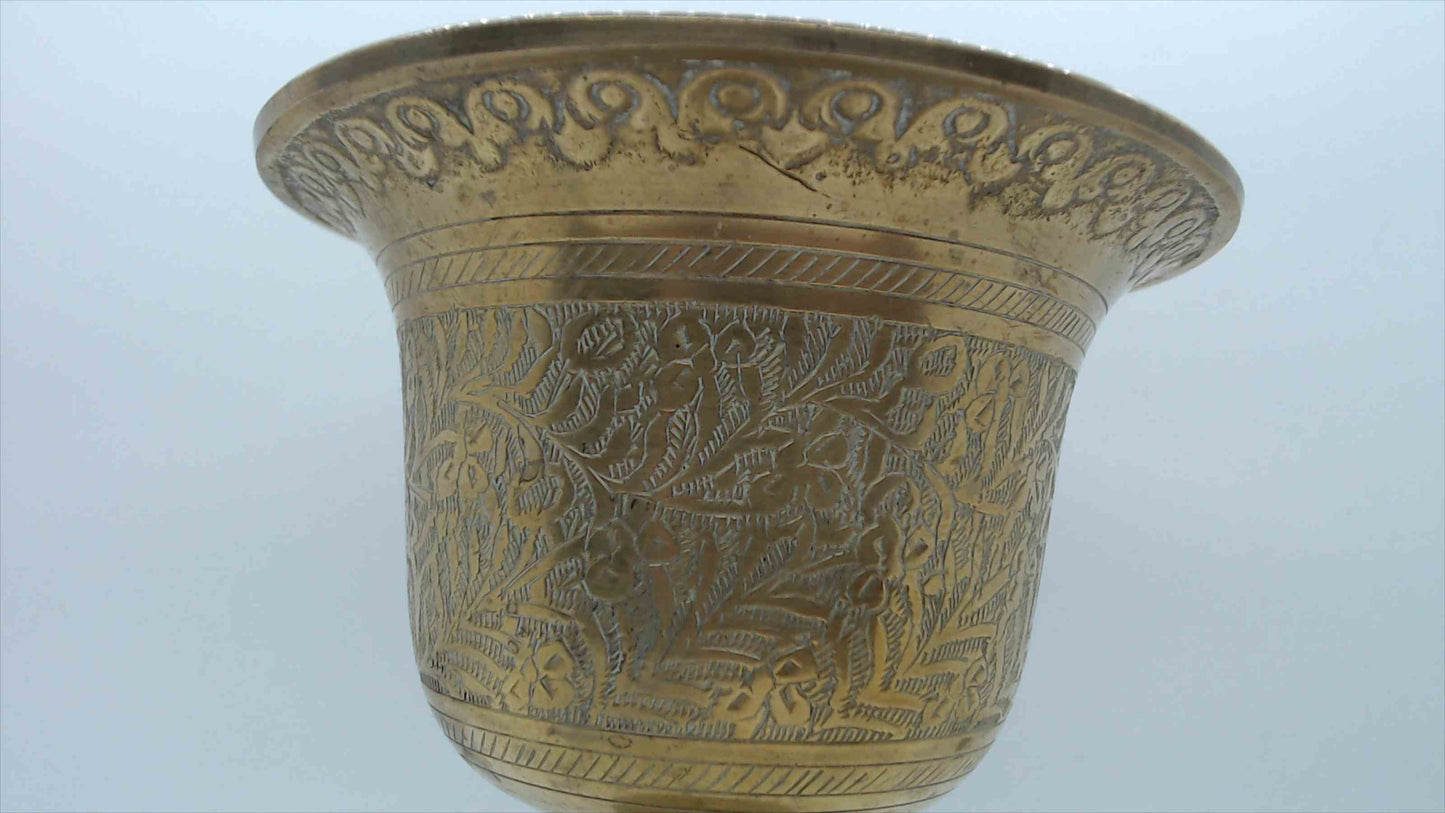 Vintage Hand-Engraved Brass Goblet / Chalice – Figural & Floral Scene – 7" Tall – Indian Artisan