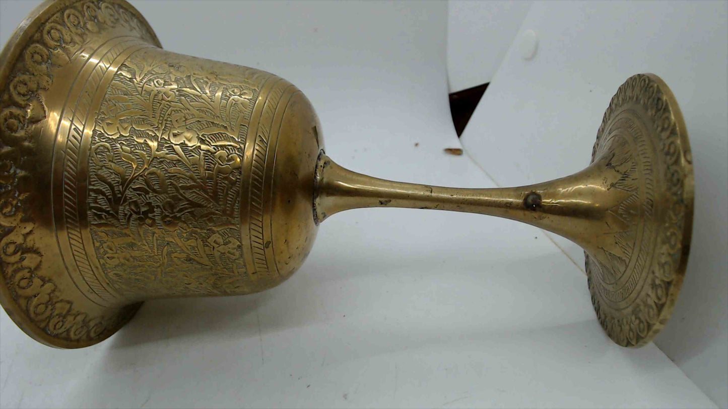 Vintage Hand-Engraved Brass Goblet / Chalice – Figural & Floral Scene – 7" Tall – Indian Artisan
