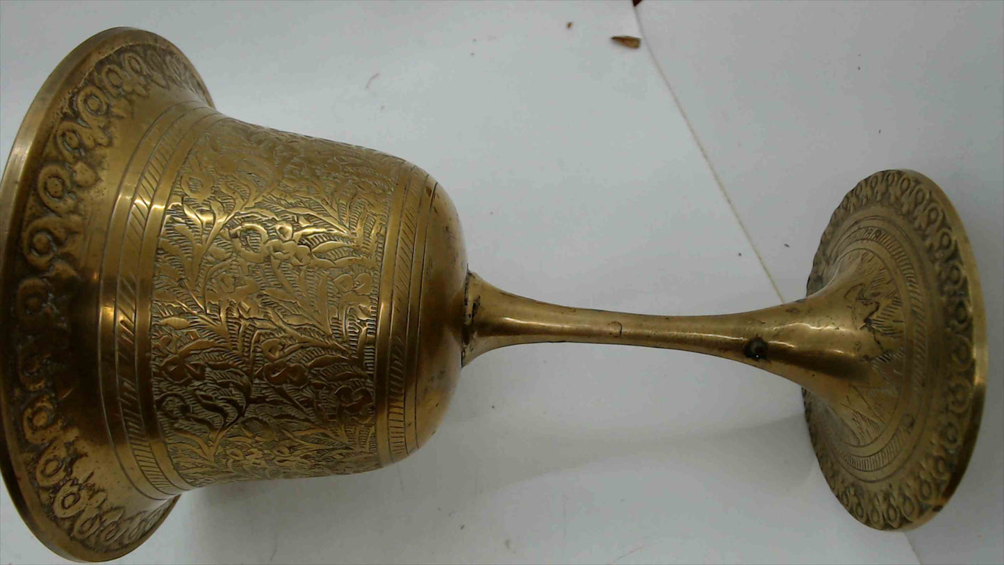Vintage Hand-Engraved Brass Goblet / Chalice – Figural & Floral Scene – 7" Tall – Indian Artisan
