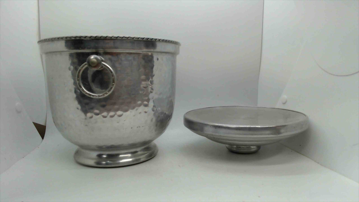Vintage Hammered Aluminum Ice Bucket with Lid and Ring Handles