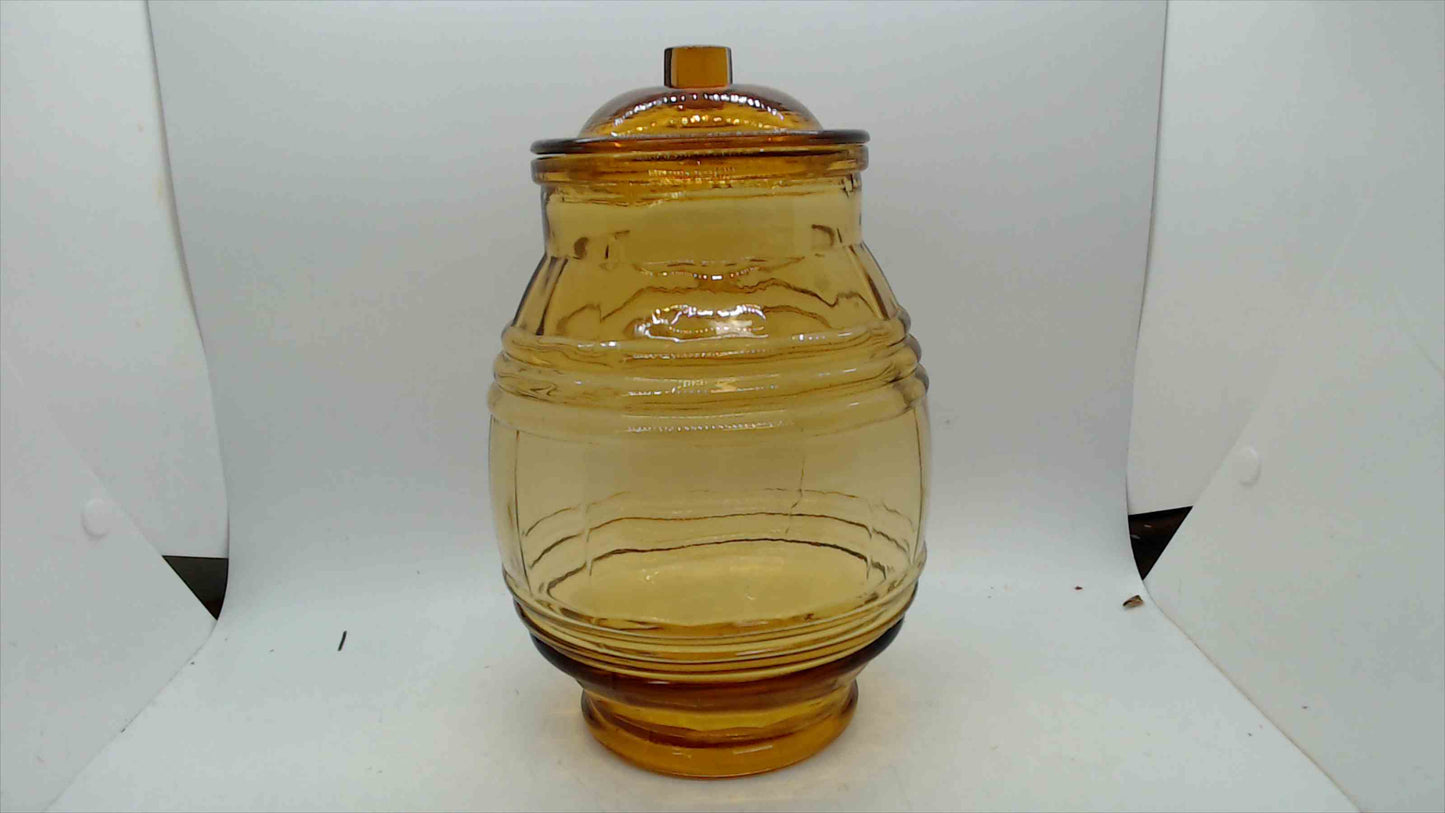 Vintage Amber Glass Barrel Jar with Lid