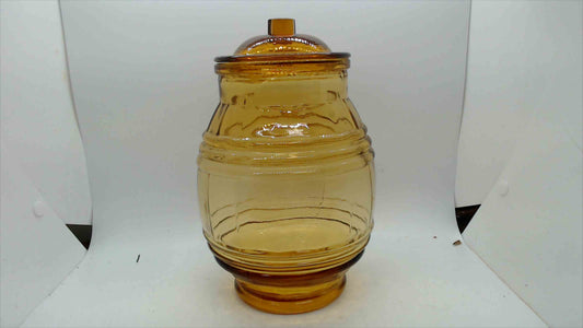 Vintage Amber Glass Barrel Jar with Lid
