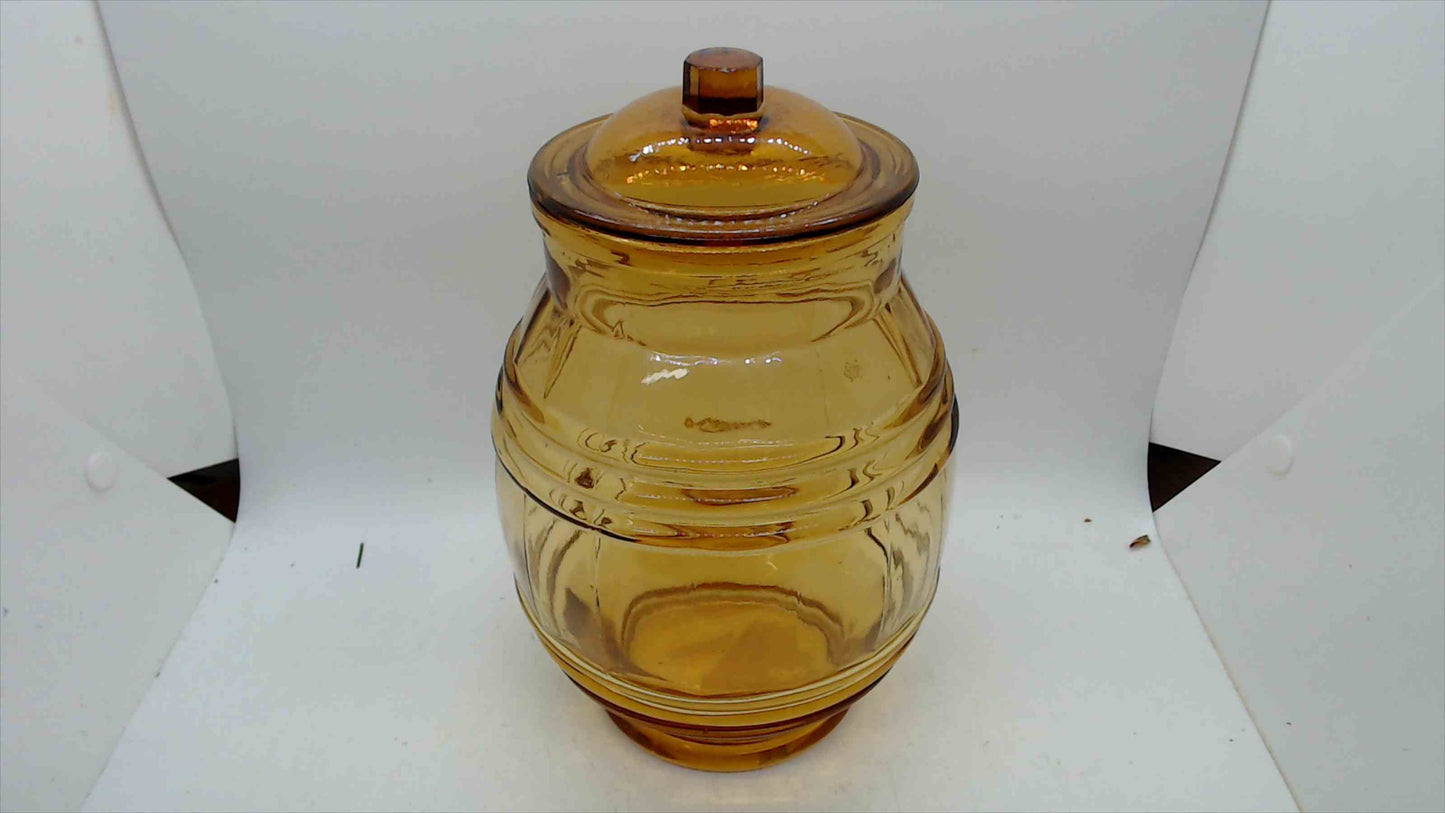 Vintage Amber Glass Barrel Jar with Lid