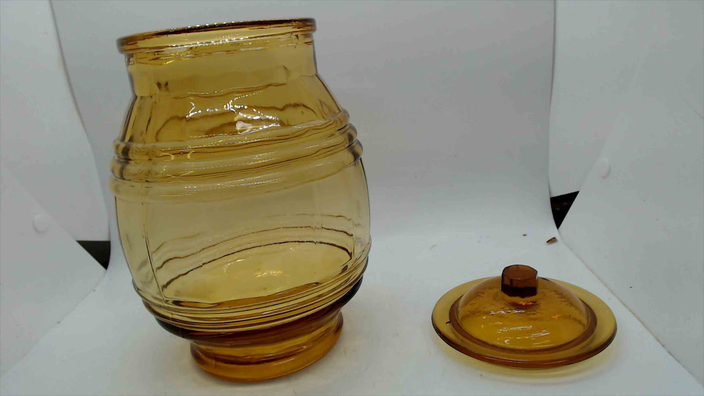 Vintage Amber Glass Barrel Jar with Lid