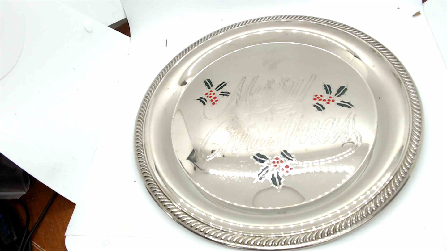 Vintage Silver-Plated "Merry Christmas" Round Serving Tray with Holly Motif