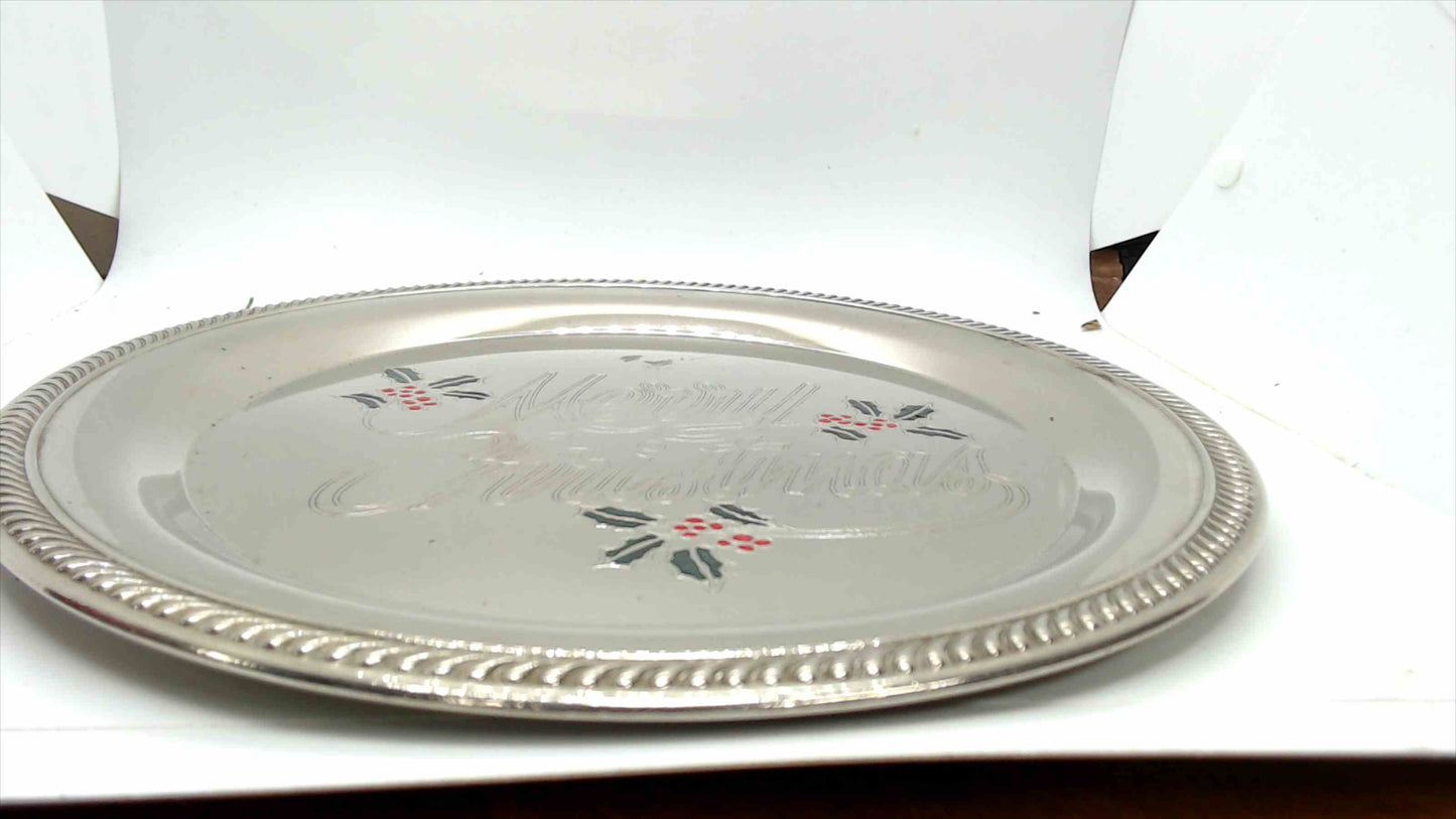 Vintage Silver-Plated "Merry Christmas" Round Serving Tray with Holly Motif