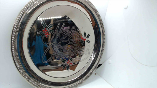 Vintage Silver-Plated "Merry Christmas" Round Serving Tray with Holly Motif