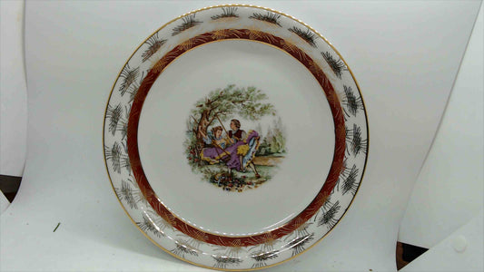 Vintage Porcelain Decorative Plate with Fragonard Romantic Swing Scene and Gold Accents