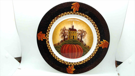 Vintage Primitive Folk Art Autumn Harvest Decorative Plate with Pumpkin and Saltbox House Scene