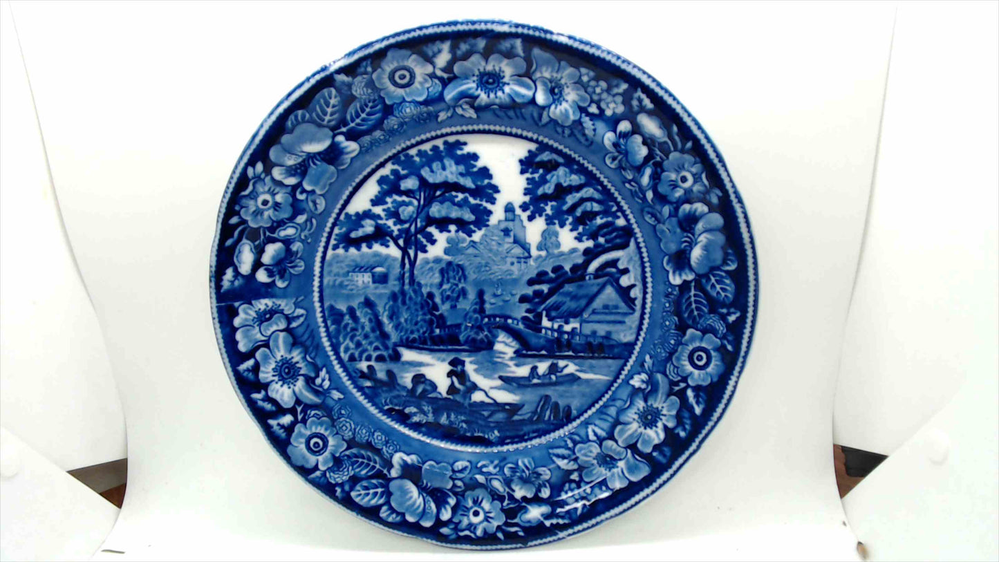 Antique Blue & White Transferware Plate with English Countryside River Scene and Floral Border