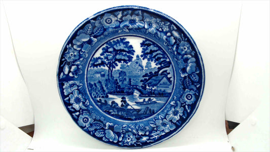 Antique Blue & White Transferware Plate with English Countryside River Scene and Floral Border