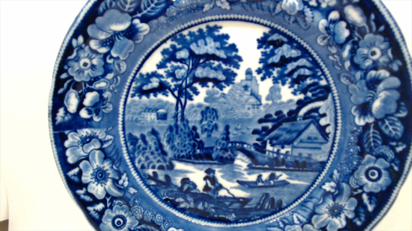Antique Blue & White Transferware Plate with English Countryside River Scene and Floral Border