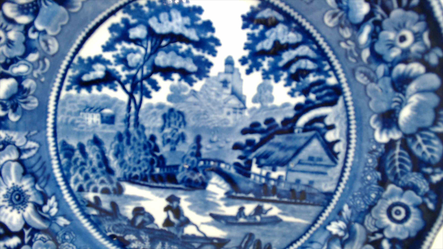 Antique Blue & White Transferware Plate with English Countryside River Scene and Floral Border