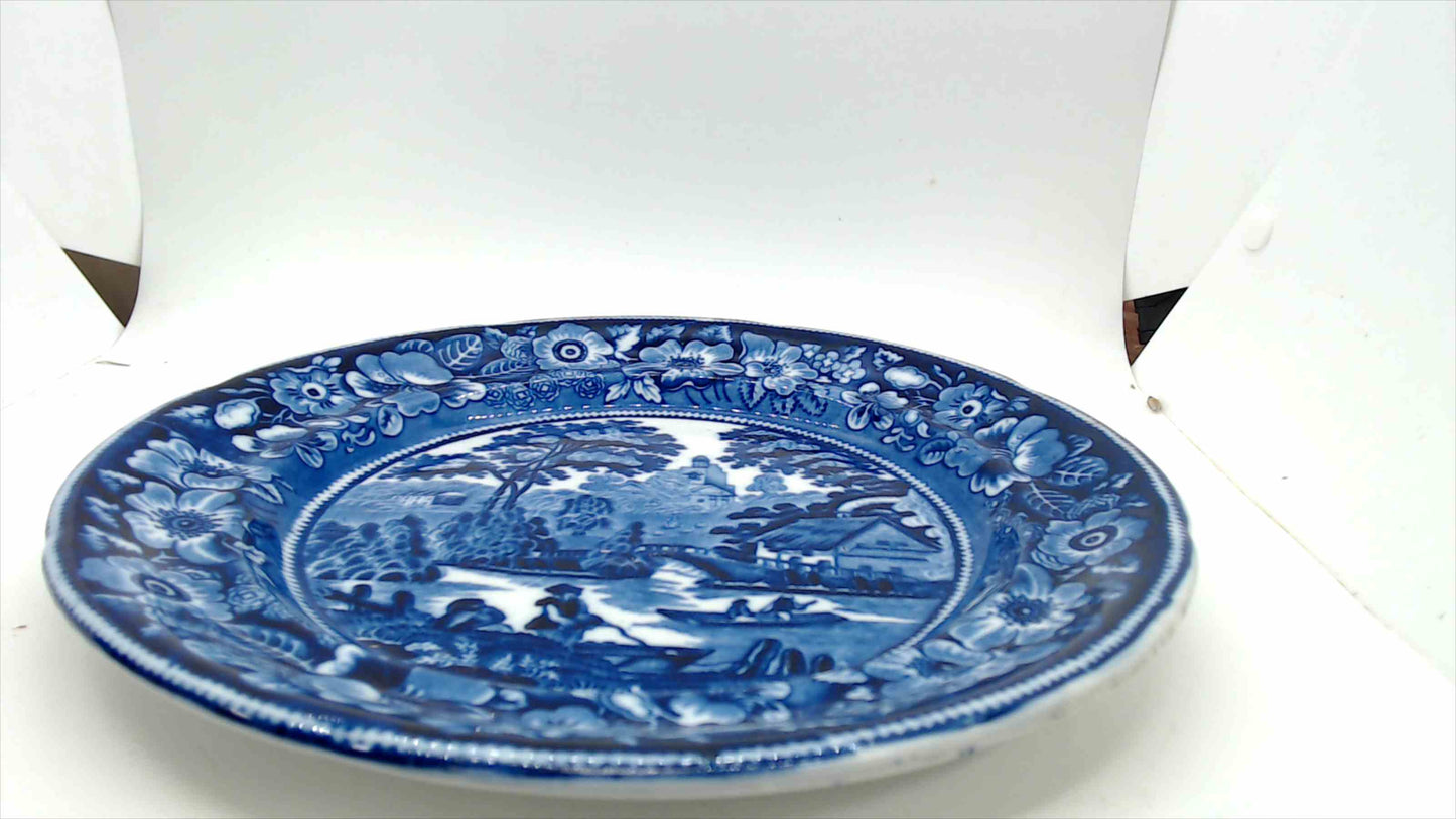 Antique Blue & White Transferware Plate with English Countryside River Scene and Floral Border