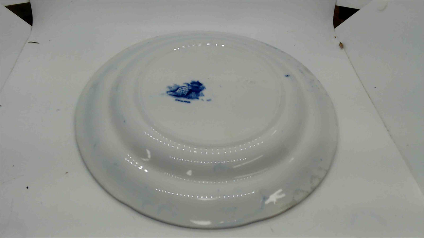 Antique Blue & White Transferware Plate with English Countryside River Scene and Floral Border