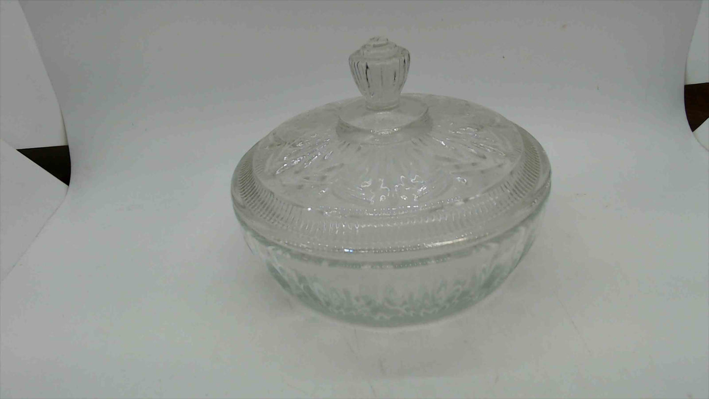 Vintage Avon Pressed Glass Covered Candy Dish with Fan and Diamond Pattern and Floral Lid