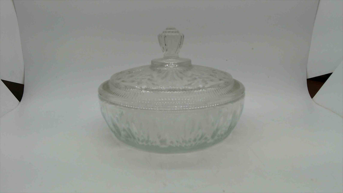 Vintage Avon Pressed Glass Covered Candy Dish with Fan and Diamond Pattern and Floral Lid