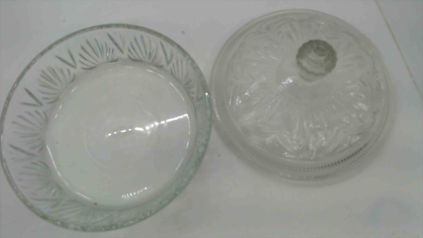 Vintage Avon Pressed Glass Covered Candy Dish with Fan and Diamond Pattern and Floral Lid